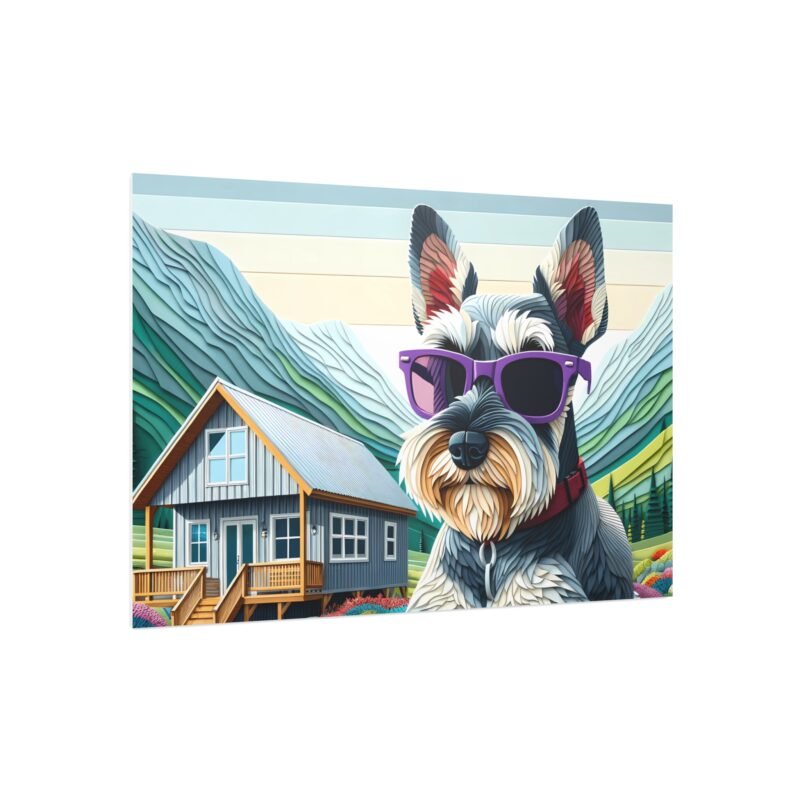 Miniature Schnauzer Off-Grid Cabin – Paper Mosaic Mountain Scene 30″ x 20″ Foam Board Print - Image 2