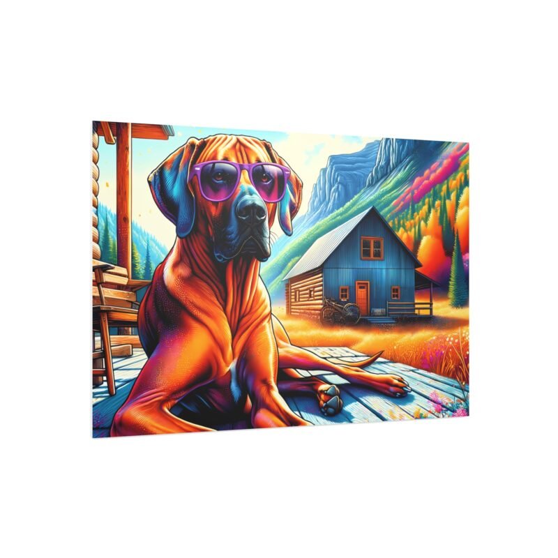 Rhodesian Ridgeback Relaxing on Cabin Porch – Vibrant Scene with Purple Sunglasses 30″ x 20″ Foam Board Print - Image 2