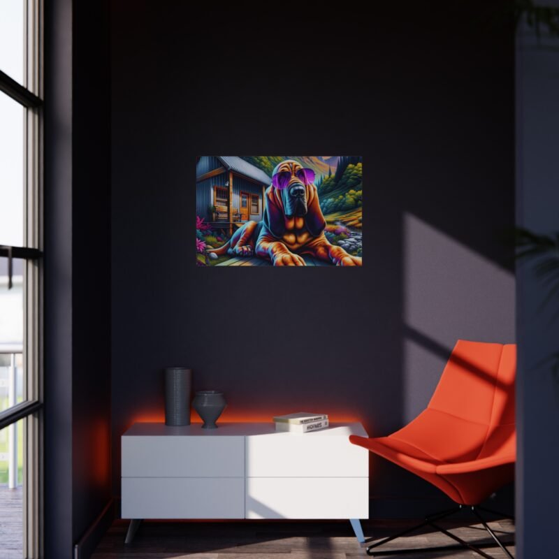 Bloodhound with Purple Sunglasses – Colorful Cabin Porch 30″ x 20″ Foam Board Print - Image 4