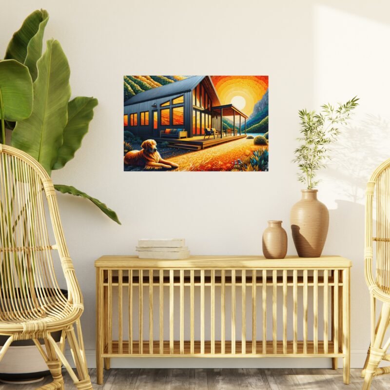 Golden Retriever Off-Grid Cabin – Vibrant Paper Mosaic Mountain Scene 30″ x 20″ Foam Board Print - Image 3