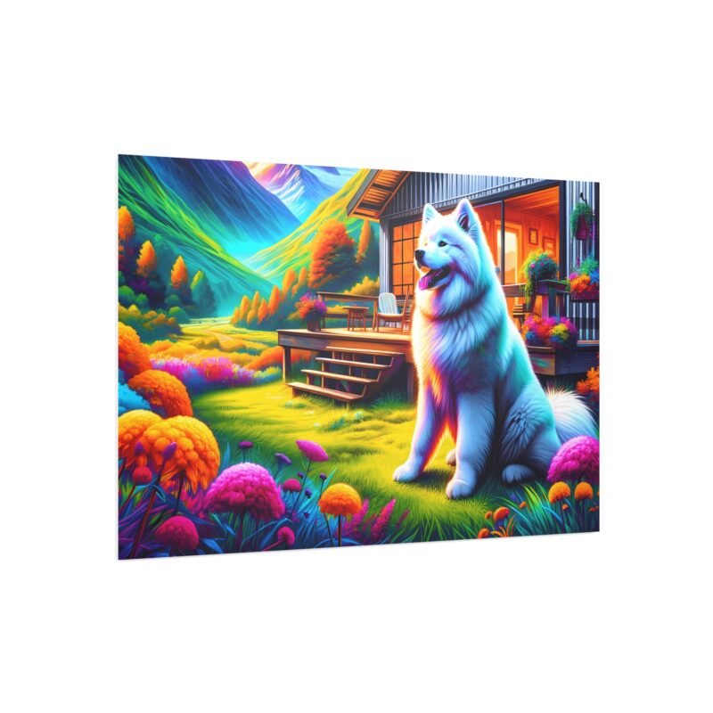 Samoyed Sitting at Attention – Vibrant Cabin Porch Scene 30″ x 20″ Foam Board Print - Image 2