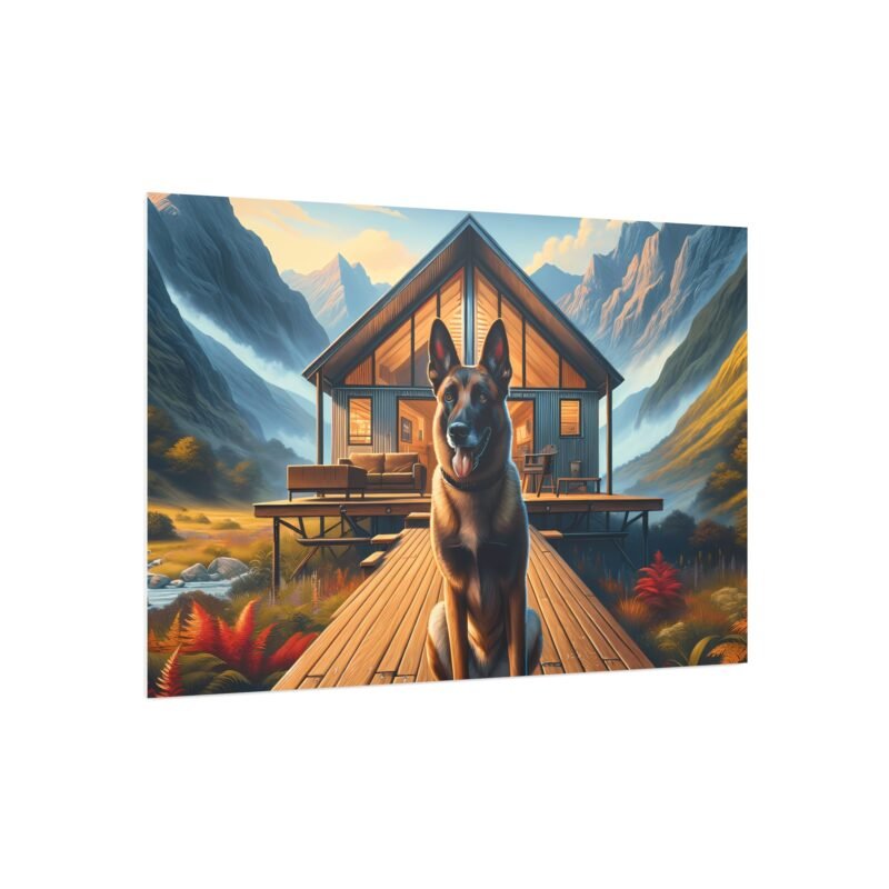 Belgian Malinois Off-Grid Cabin – Vibrant Mountain Scene 30″ x 20″ Foam Board Print - Image 2