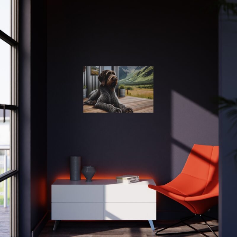 Wirehaired Pointing Griffon Relaxing on Cabin Porch – Picturesque Mountain Scene 30″ x 20″ Foam Board Print - Image 4