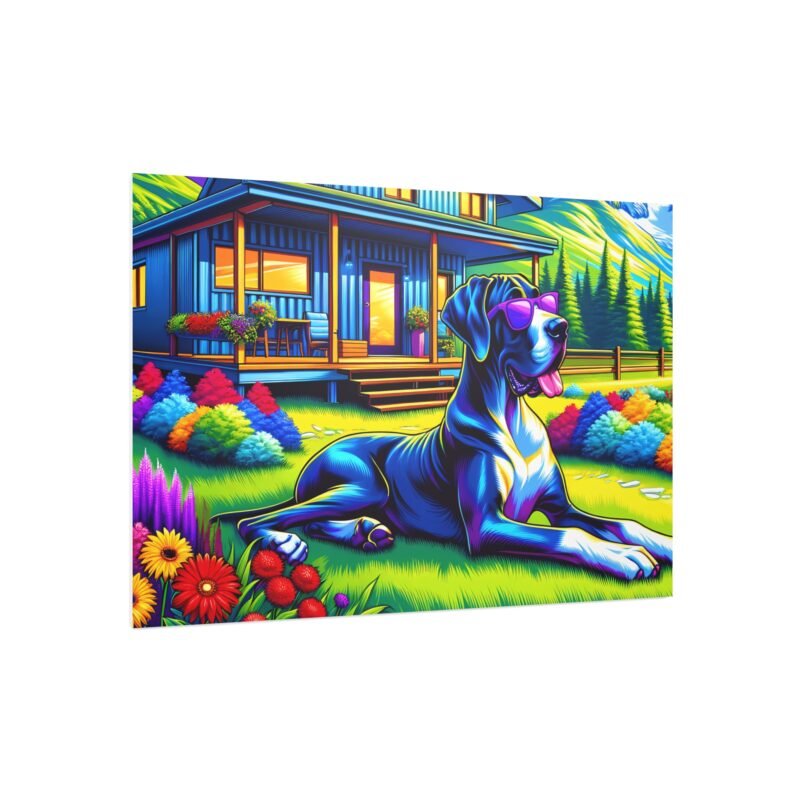 Great Dane Off-Grid Cabin – Brilliantly Colored Mountain Scene 30″ x 20″ Foam Board Print - Image 2