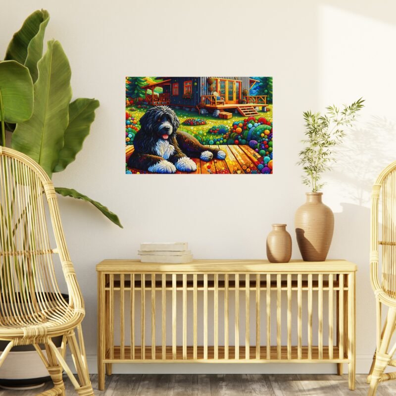 Portuguese Water Dog Off-Grid Cabin – Paper Mosaic Mountain Scene 30″ x 20″ Foam Board Print - Image 3