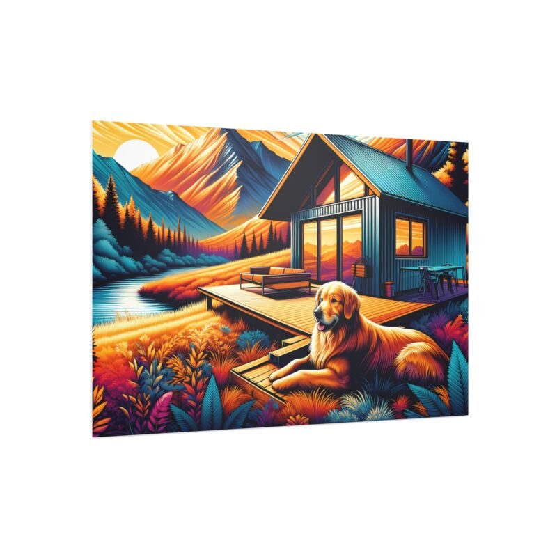 Golden Retriever Off-Grid Cabin – Brilliantly Colored Mountain Scene 30″ x 20″ Foam Board Print - Image 2