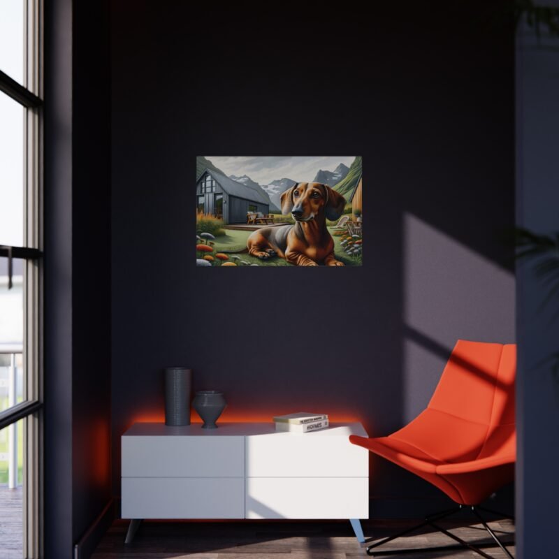 Dachshund Relaxing in Yard – Paper Mosaic Off-Grid Cabin 30″ x 20″ Foam Board Print - Image 4