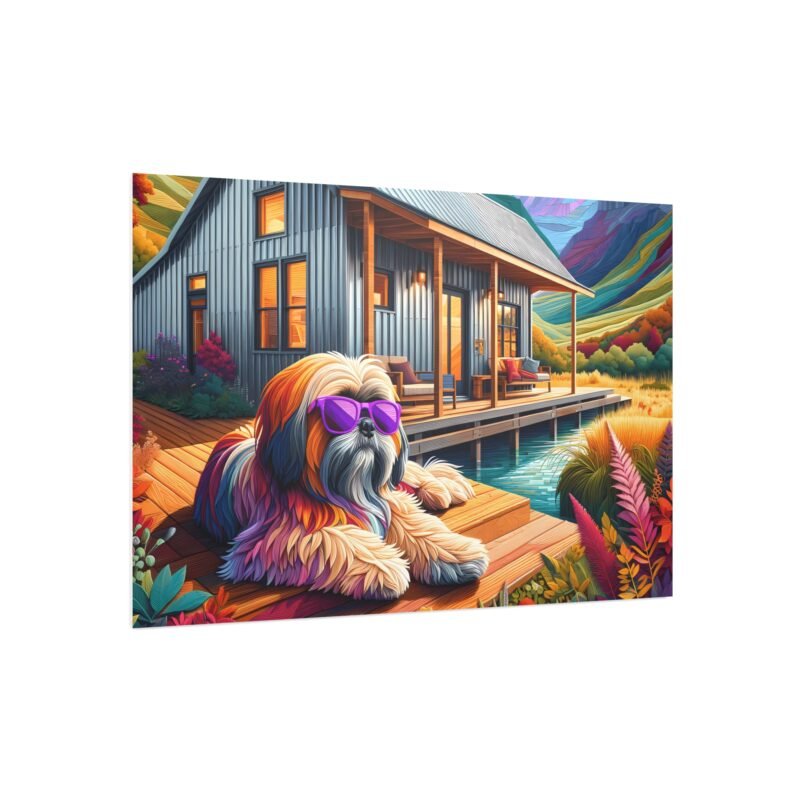 Lhasa Apso Off-Grid Cabin – Paper Mosaic Mountain Scene with Purple Sunglasses 30″ x 20″ Foam Board Print - Image 2