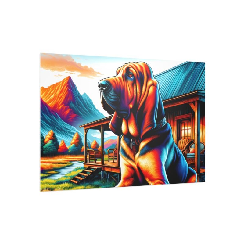 Bloodhound Sitting at Attention – Vibrant Cabin Porch 30″ x 20″ Foam Board Print - Image 2