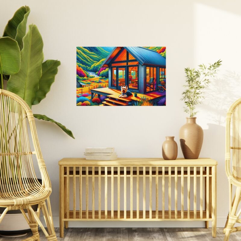 Yorkshire Terrier Off-Grid Cabin – Brilliantly Colored Mountain Scene 30″ x 20″ Foam Board Print - Image 3