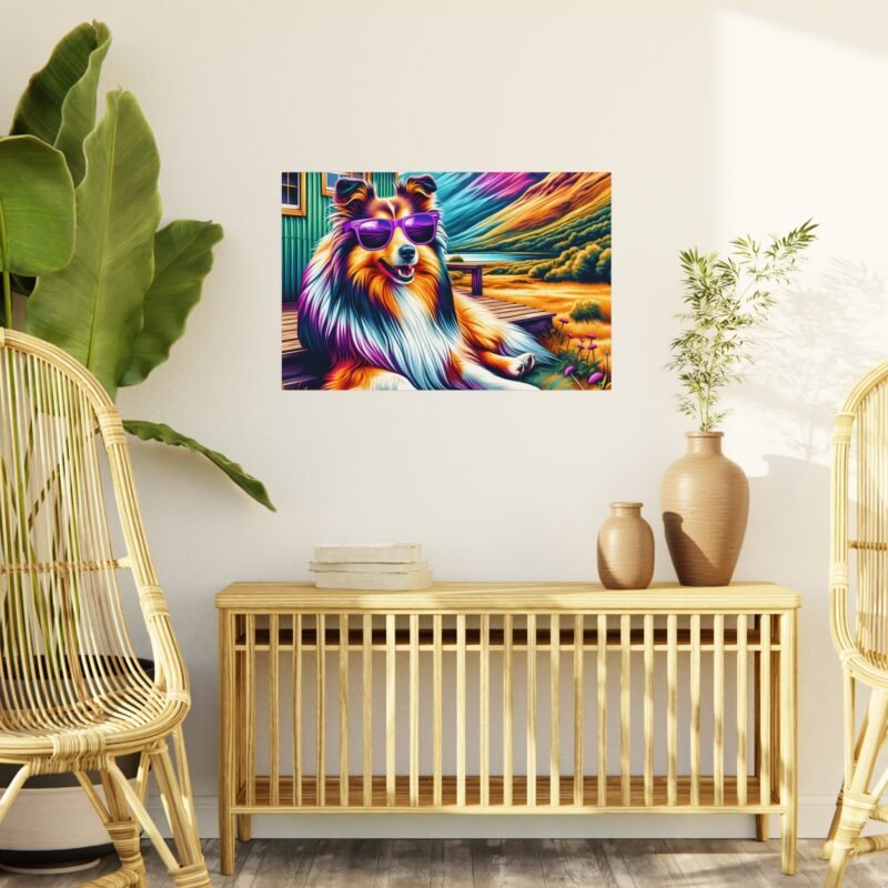 Shetland Sheepdog with Purple Sunglasses – Relaxing Cabin Porch 30″ x 20″ Foam Board Print - Image 3