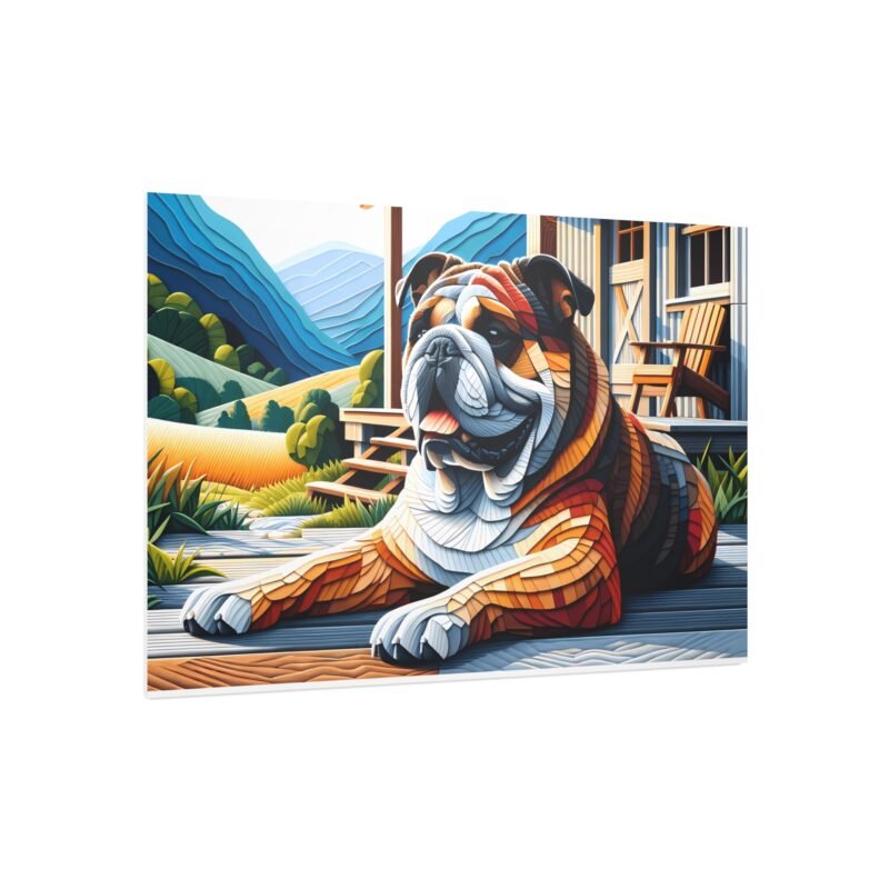 Bulldog Relaxing on Cabin Porch – Paper Mosaic 30″ x 20″ Foam Board Print - Image 2