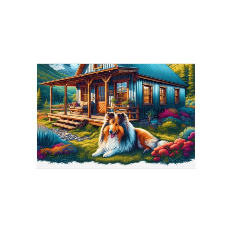 Shetland Sheepdog Off-Grid Cabin – Vibrant Mountain Scene 30″ x 20″ Foam Board Print