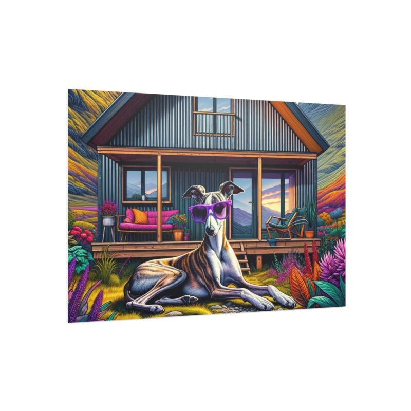 Whippet Off-Grid Cabin – Vibrant Mountain Scene with Purple Sunglasses 30″ x 20″ Foam Board Print - Image 2