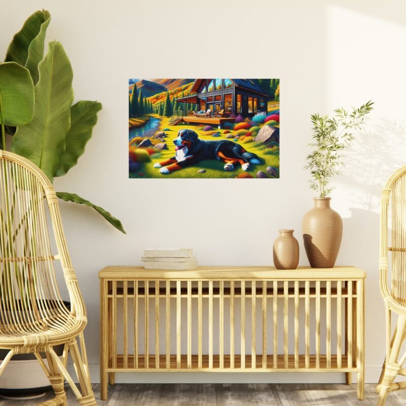 Bernese Mountain Dog Off-Grid Cabin – Vibrant Close-Up Mountain Scene 30″ x 20″ Foam Board Print - Image 3