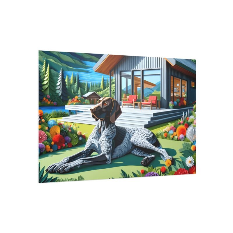 German Shorthaired Pointer Off-Grid Cabin – Paper Mosaic Mountain Scene 30″ x 20″ Foam Board Print - Image 2