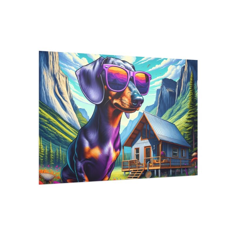Dachshund on Cabin Porch – Vibrant Off-Grid Mountain Scene 30″ x 20″ Foam Board Print - Image 2