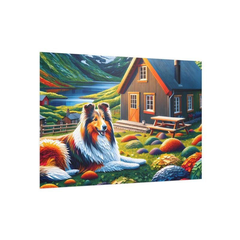 Shetland Sheepdog Off-Grid Cabin – Paper Mosaic Mountain Scene 30″ x 20″ Foam Board Print - Image 2