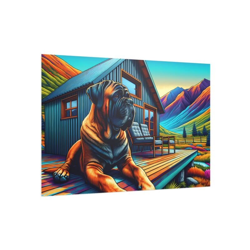 Bullmastiff Off-Grid Cabin – Vibrant Mountain Scene 30″ x 20″ Foam Board Print - Image 2
