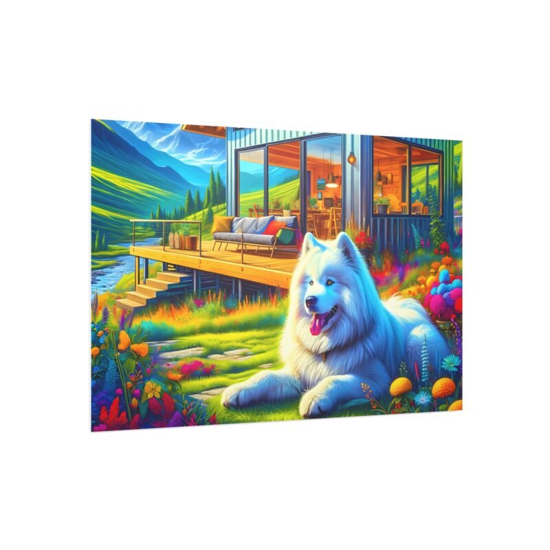 Samoyed Off-Grid Cabin – Vibrant Close-Up Mountain Scene 30″ x 20″ Foam Board Print - Image 2