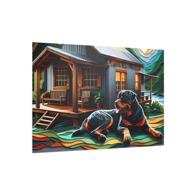 Rottweiler Off-Grid Cabin – Paper Mosaic Mountain Scene 30″ x 20″ Foam Board Print - Image 2