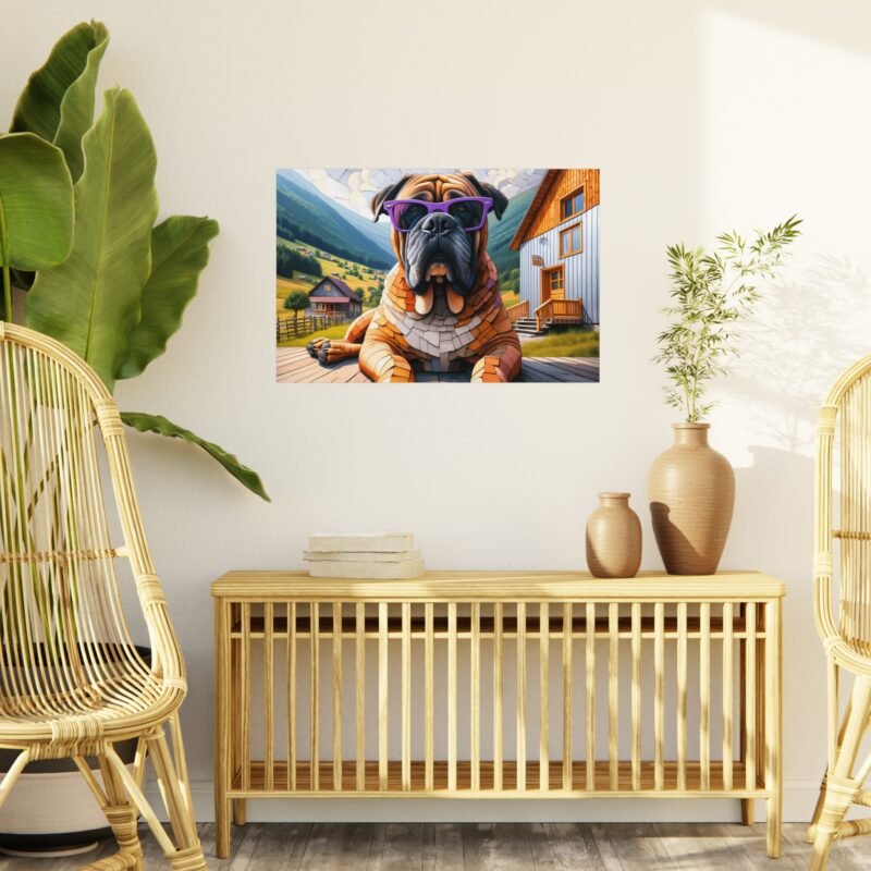 Bullmastiff Off-Grid Cabin – Paper Mosaic Mountain Scene with Purple Sunglasses 30″ x 20″ Foam Board Print - Image 3