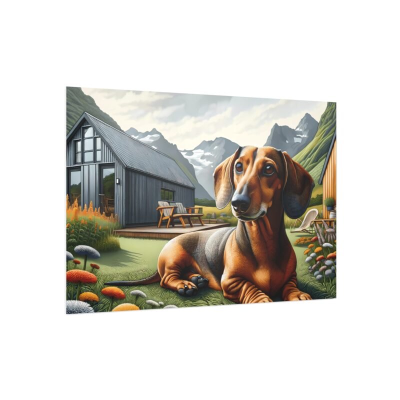 Dachshund Relaxing in Yard – Paper Mosaic Off-Grid Cabin 30″ x 20″ Foam Board Print - Image 2