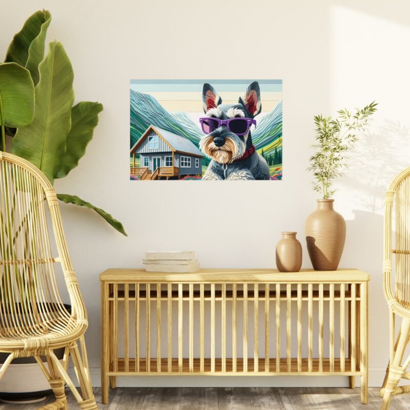 Miniature Schnauzer Off-Grid Cabin – Paper Mosaic Mountain Scene 30″ x 20″ Foam Board Print - Image 3