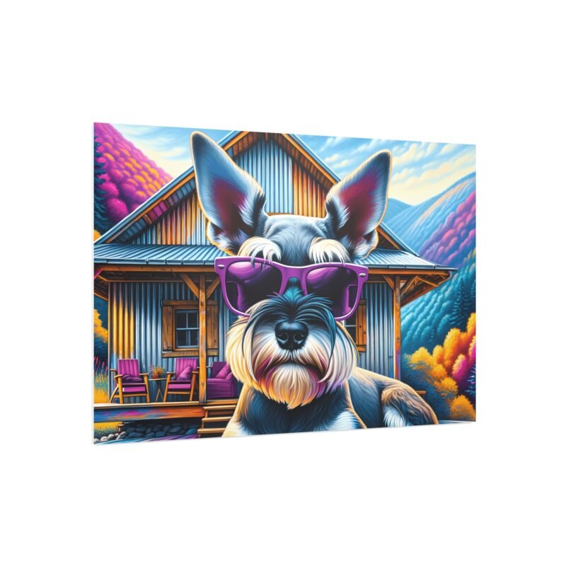 Miniature Schnauzer Off-Grid Cabin – Vibrant Mountain Scene with Purple Sunglasses 30″ x 20″ Foam Board Print - Image 2