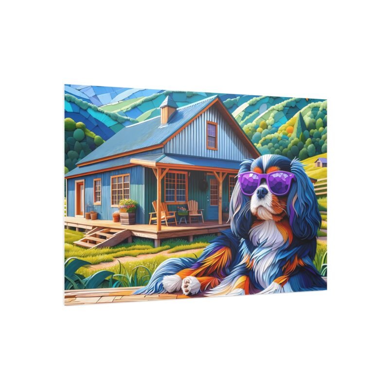 Cavalier King Charles Spaniel Off-Grid Cabin – Paper Mosaic with Purple Sunglasses 30″ x 20″ Foam Board Print - Image 2