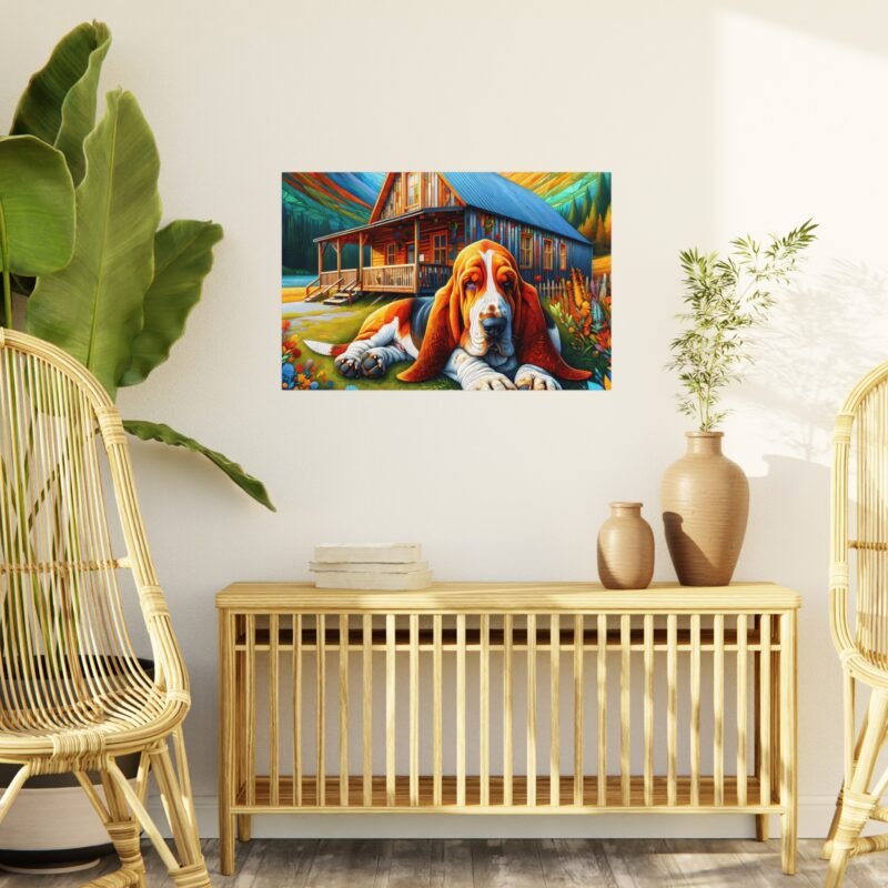 Basset Hound Off-Grid Cabin – Paper Mosaic Mountain 30″ x 20″ Foam Board Print - Image 3