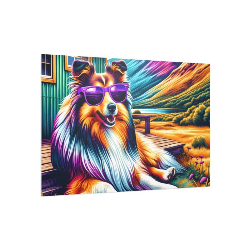 Shetland Sheepdog with Purple Sunglasses – Relaxing Cabin Porch 30″ x 20″ Foam Board Print - Image 2
