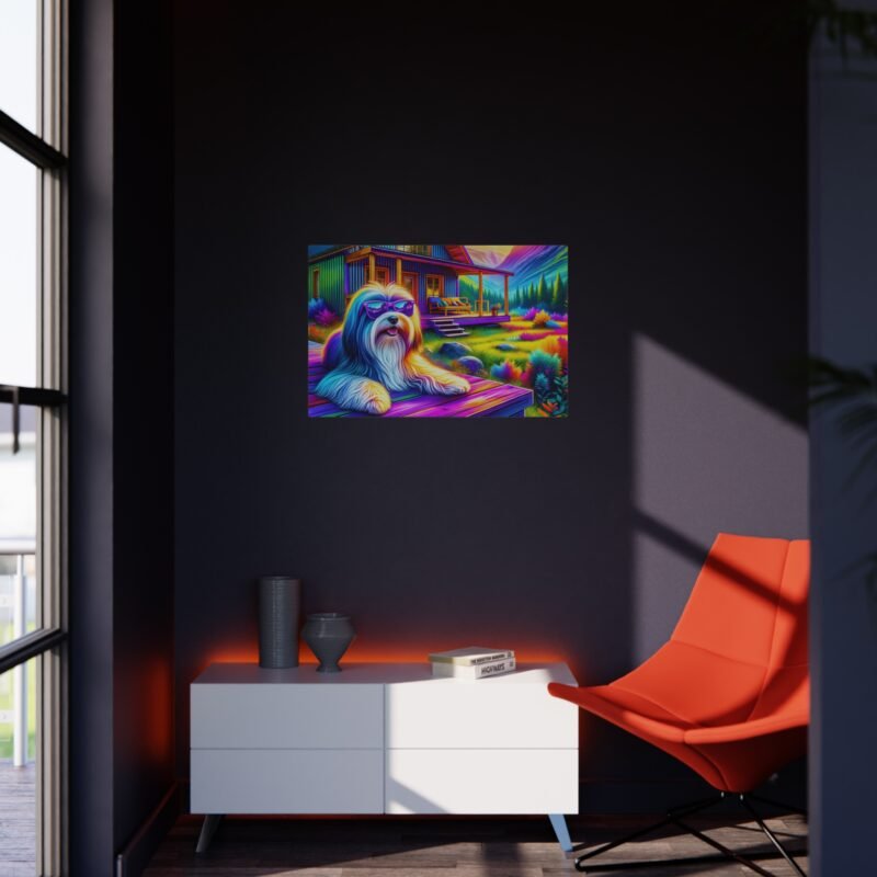 Havanese Off-Grid Cabin – Vibrant Mountain Scene with Purple Glasses 30″ x 20″ Foam Board Print - Image 4