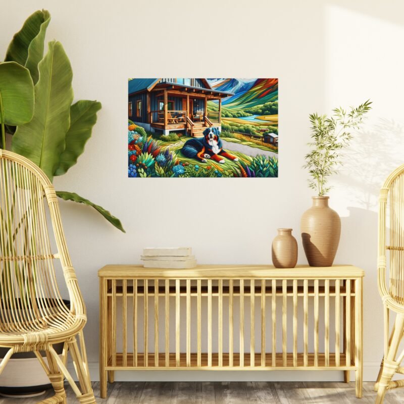 Bernese Mountain Dog Off-Grid Cabin – Paper Mosaic Mountain 30″ x 20″ Foam Board Print - Image 3