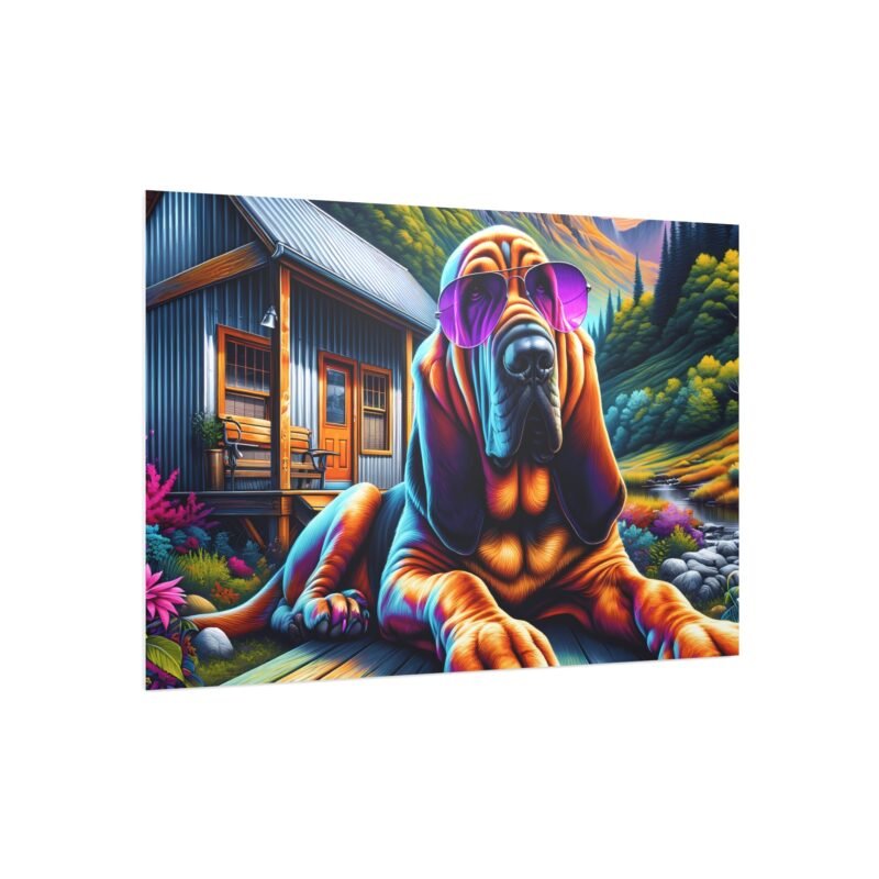 Bloodhound with Purple Sunglasses – Colorful Cabin Porch 30″ x 20″ Foam Board Print - Image 2
