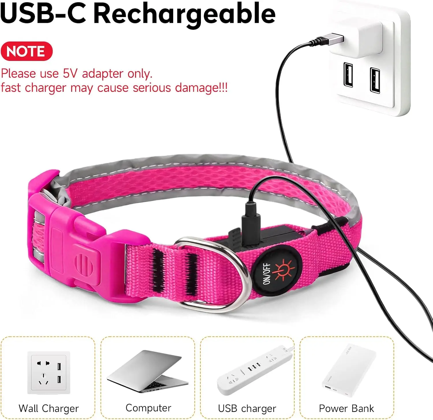 LED Dog Collar USB Rechargeable Light Up Pet Collar Glowing Nylon Adjustable Soft Night Safety Collar for Small Medium Dogs - Image 5