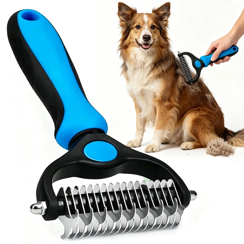Pet Grooming Undercoat Rake Brush, Double Sided Deshedding Tool for Dogs Cats, Safe Dematting Comb for Long Short Hair