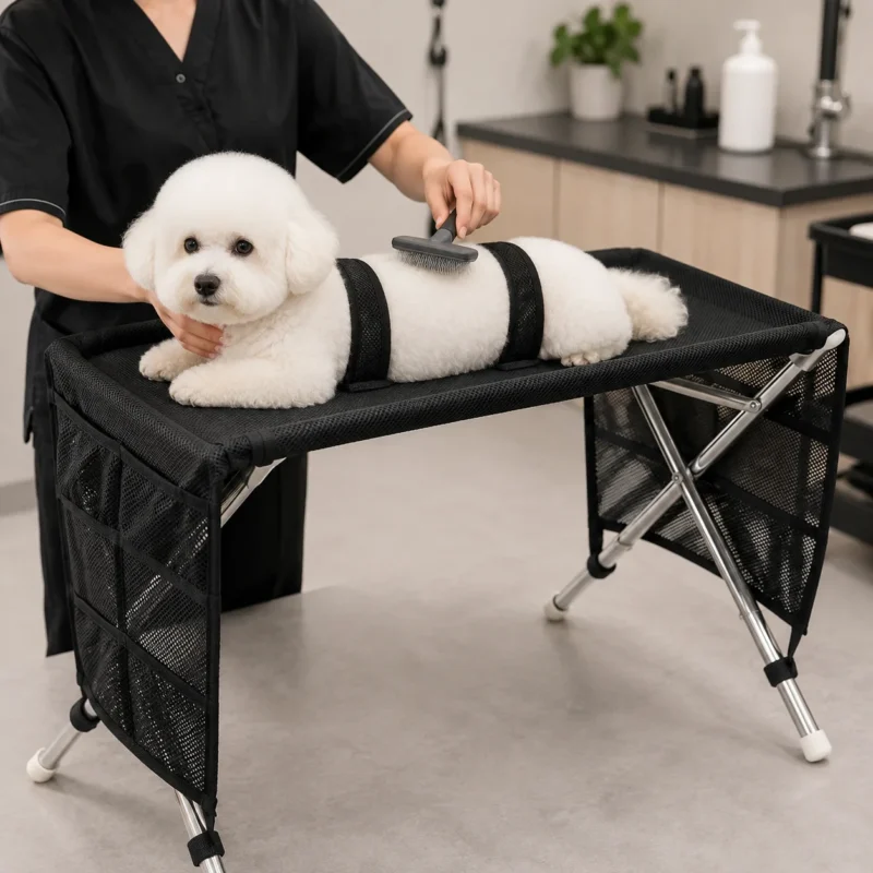 Upgraded Pet Grooming Stand Foldable Dog Cat Grooming Rack Adjustable Restraint Mesh Nail Trimming Holder Small Medium Pets